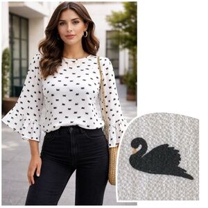 Black Swan print on White bohemian blouse Flowly Bell Ruffle Sleeves.